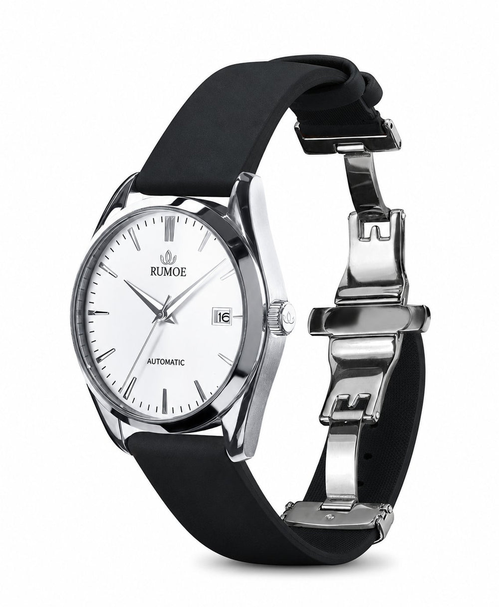 Nobel Royal Harva — White / Silver — black rubber strap and open silver butterfly clasp