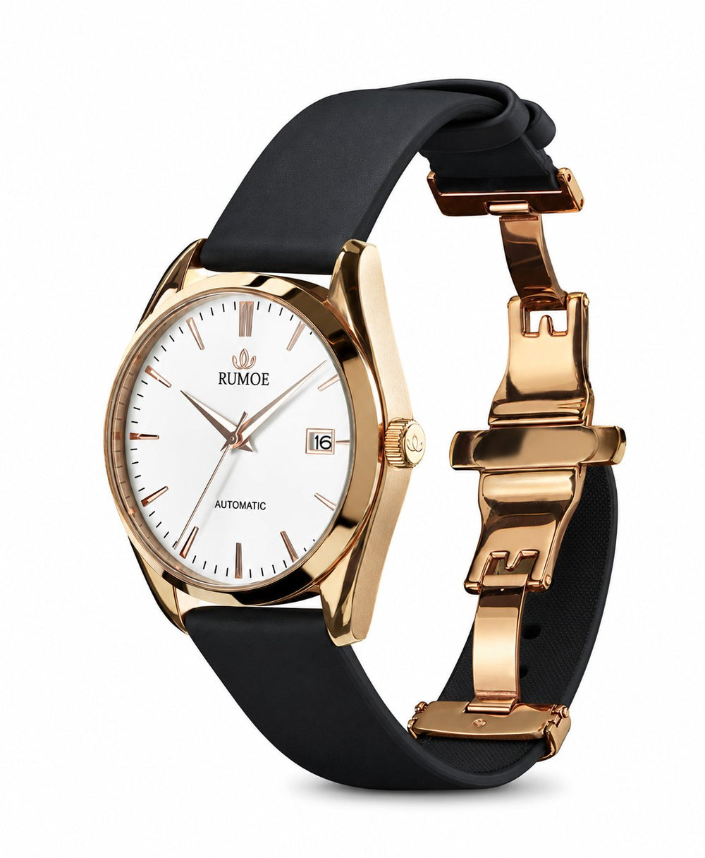 Nobel Royal Harva — White / Rose Gold — black rubber strap and open rose gold butterfly clasp