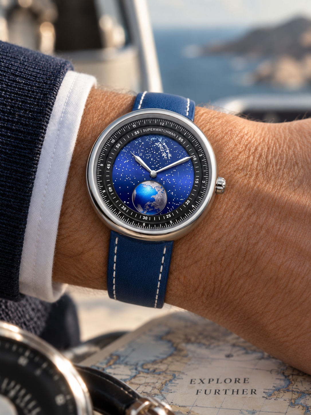 Earth Explorer quartz watch with blue dial and blue leather strap, worn on the wrist