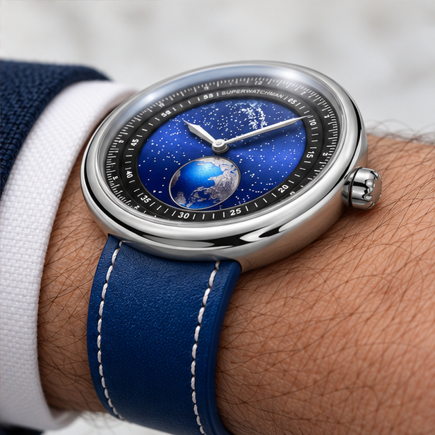 Earth Explorer rounded case and concealed strap attachment — illustrative lifestyle image