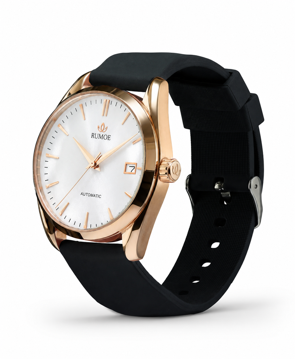 Nobel Royal Harva — White / Rose Gold — side view with original pin buckle