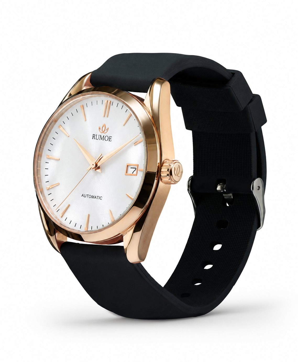 Nobel Royal Harva — White / Rose Gold — side view with original pin buckle