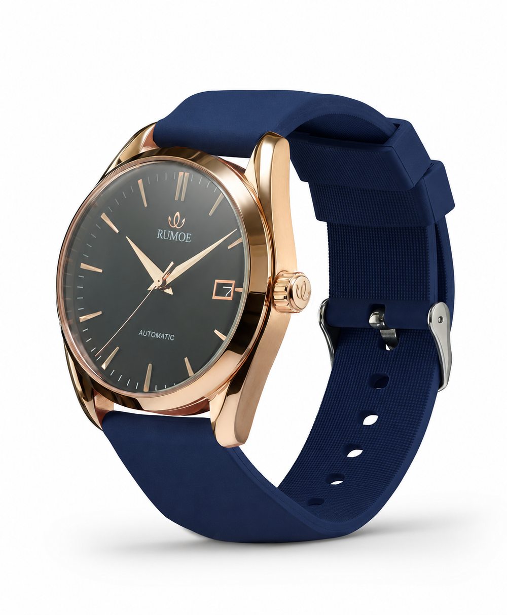Nobel Royal Rimbo — Black / Rose Gold / Navy Rubber — side view with original pin buckle