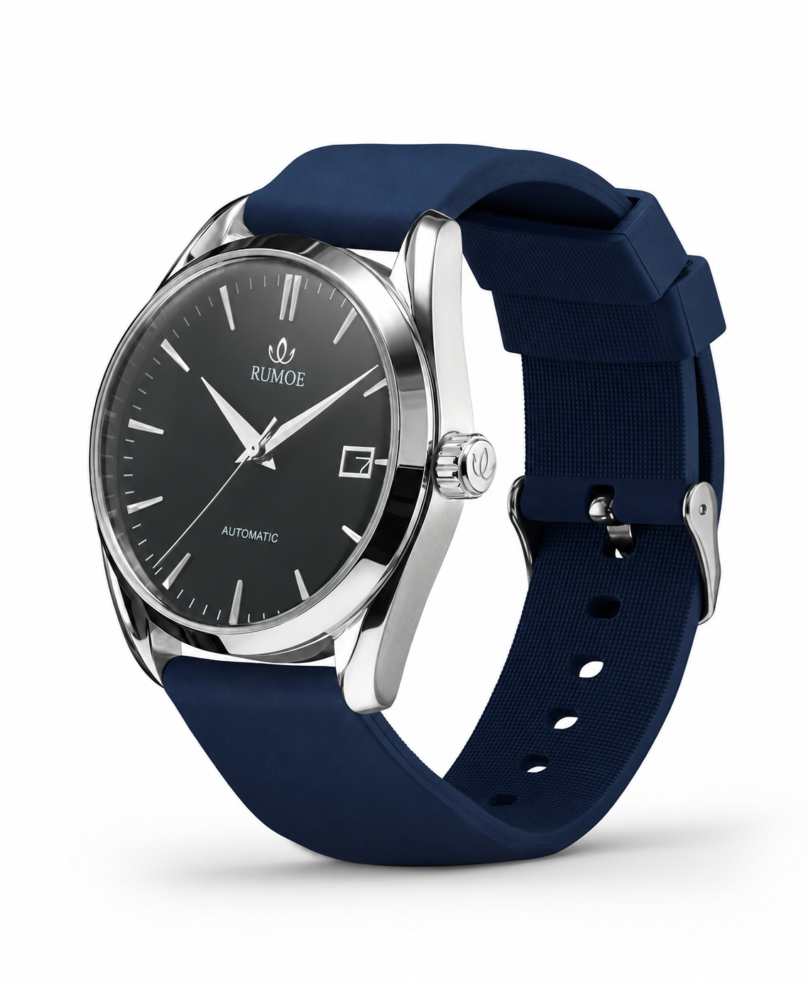 Nobel Royal Rimbo — Black / Silver / Navy Rubber — side view with original pin buckle