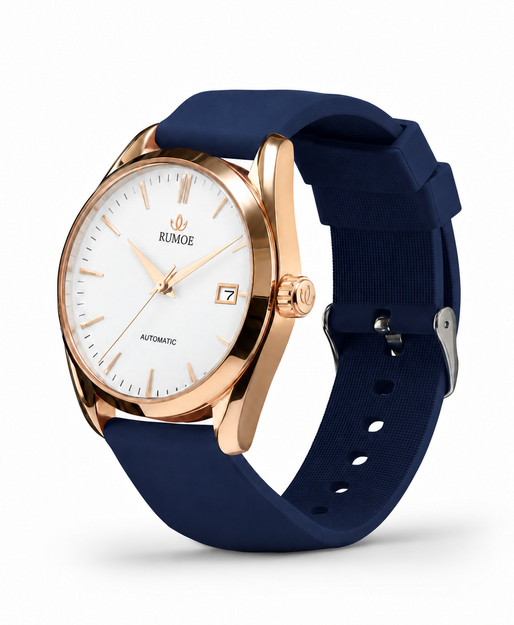 Nobel Royal Rimbo — White / Rose Gold / Navy Rubber — side view with original pin buckle