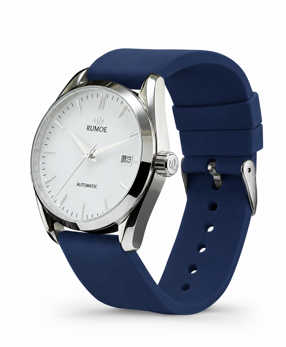 Nobel Royal Rimbo — White / Silver / Navy Rubber — side view with original pin buckle