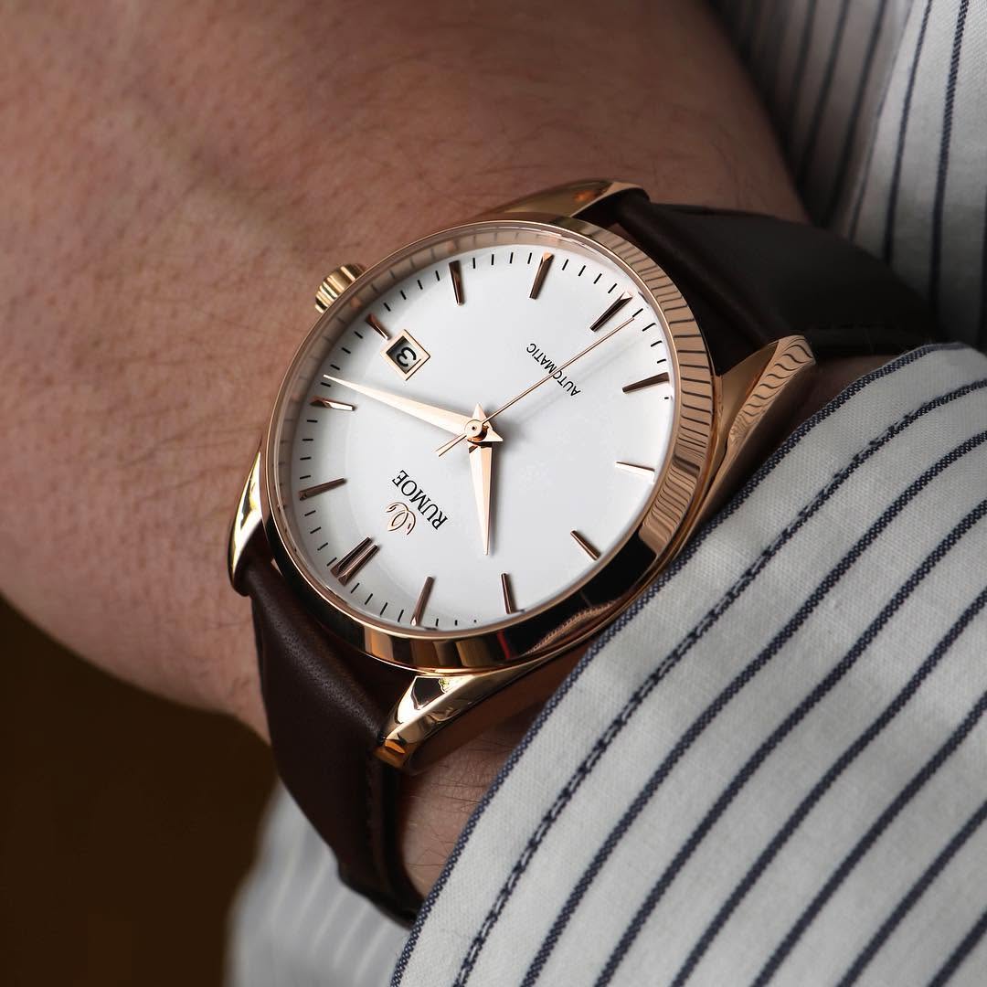 Vika White / Rose Gold on the wrist with brown calf leather strap